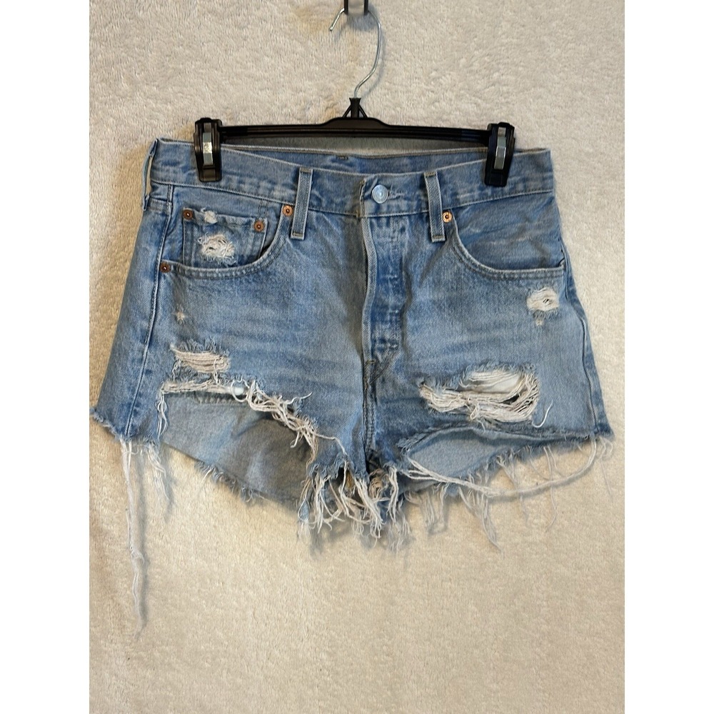 Levis 501 Shorts Womens 28 Blue Denim Cut Off Distressed Button Fly Pockets